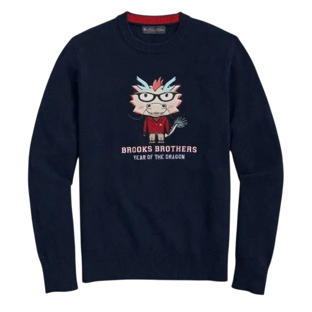 Brooks Brothers Women Lunar New Year Dragon Merino Wool Navy Blue Sweater Small